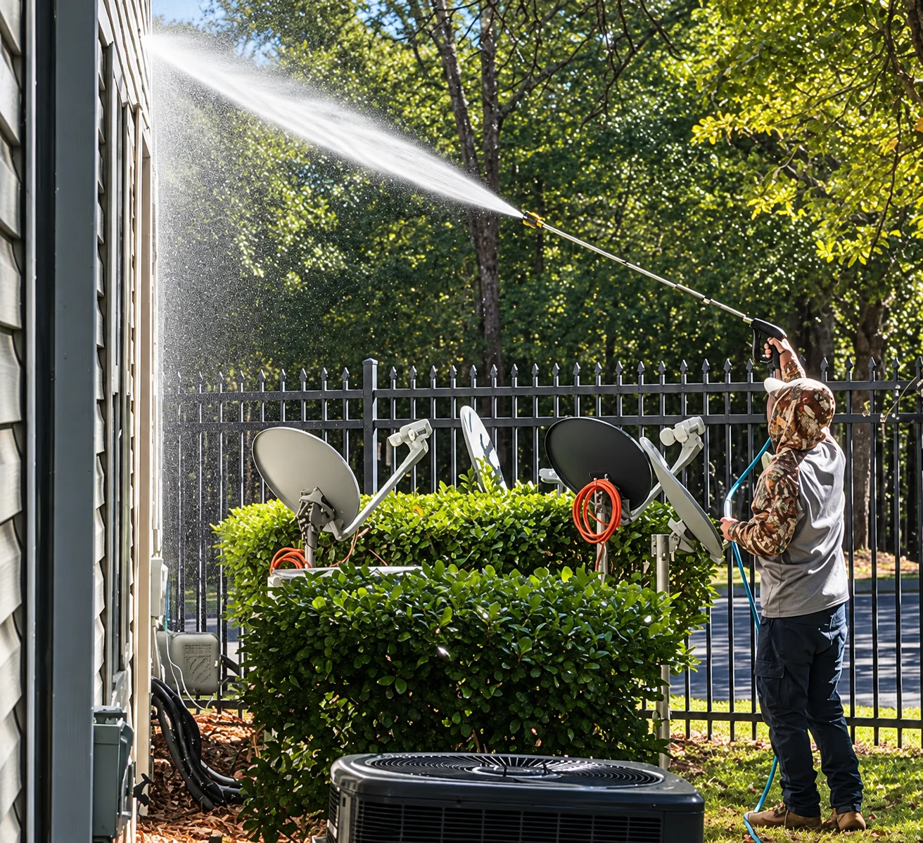 Pressure washing service in progress on exterior hedges and landscaping along a residential fence and gate.