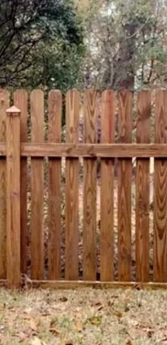 Wooden fence restored to its natural tone after pressure washing.