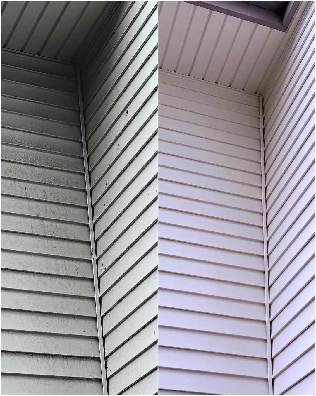 Corner siding, before and after a house wash
