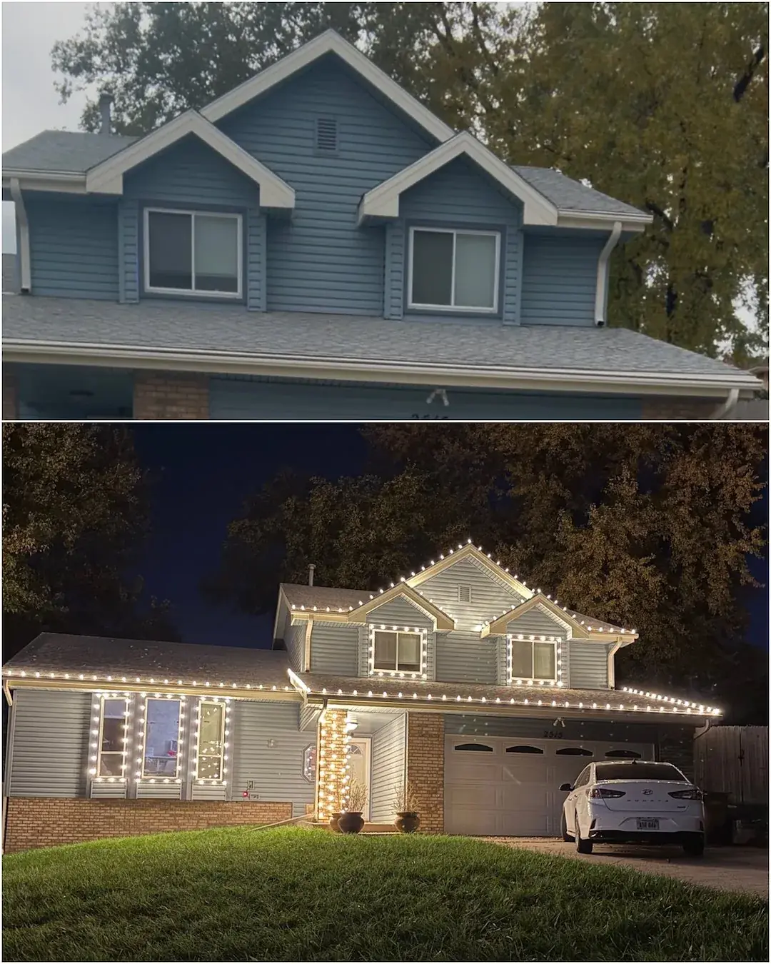 Roofline holiday lights, before and after