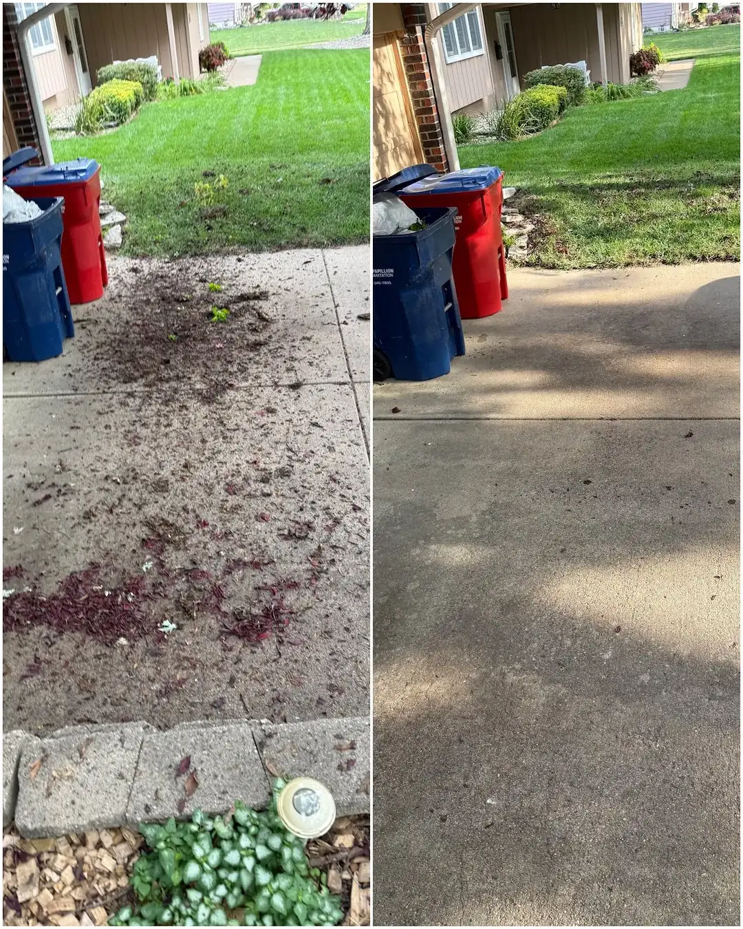 Driveway cleared of yard debris, before and after